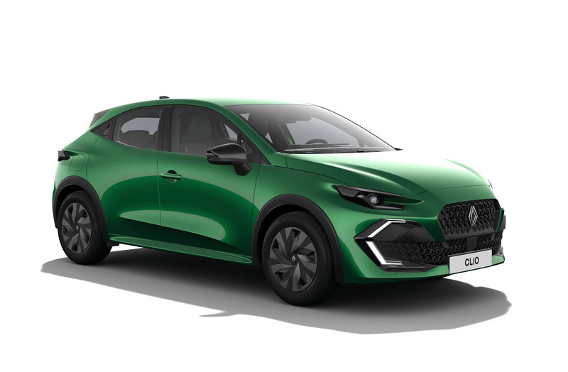 Das Bild zeigt einen grünen Renault Clio 6