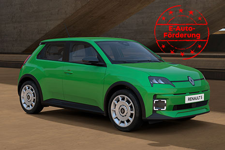 zu sehen ist ein grüner Renault R5 elektric 